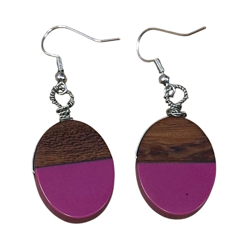 Handcrafted Wood and Magenta Resin Oval Drop Earrings Silver Hook Dangle Boho